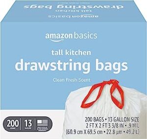 Amazon Basics Tall Kitchen Drawstring Trash Bags, Clean Fresh Scent, 13 Gallon, 200 Count (Previously Solimo)