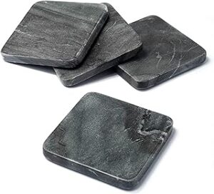 Genuine Grey Marble Coasters, Square Coaster Set for Coffee Bar & Kitchen Table, Drinks Holder, Holds Standard Tea Cup, Mug, Wine Glass, & More, Modern Home Decor (4 PK x 4 in)