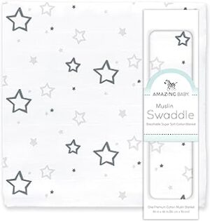 Amazing Baby Muslin Swaddle Blanket, Premium Cotton, Stars, Sterling