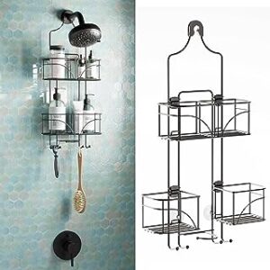 Zenna Home Hanging Shower Caddy, Over the Shower Head Bathroom Storage, Made for Handheld Shower Hoses, Rust Resistant, No Drilling, Expandable Organizer with 4 Baskets, Razor Holders, Hooks, Bronze